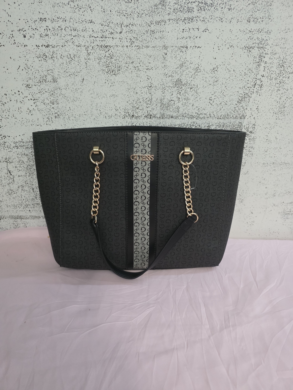 GUESS Black Logo-Print Tote with Gold Chain Handles New Retail Tag Removed.